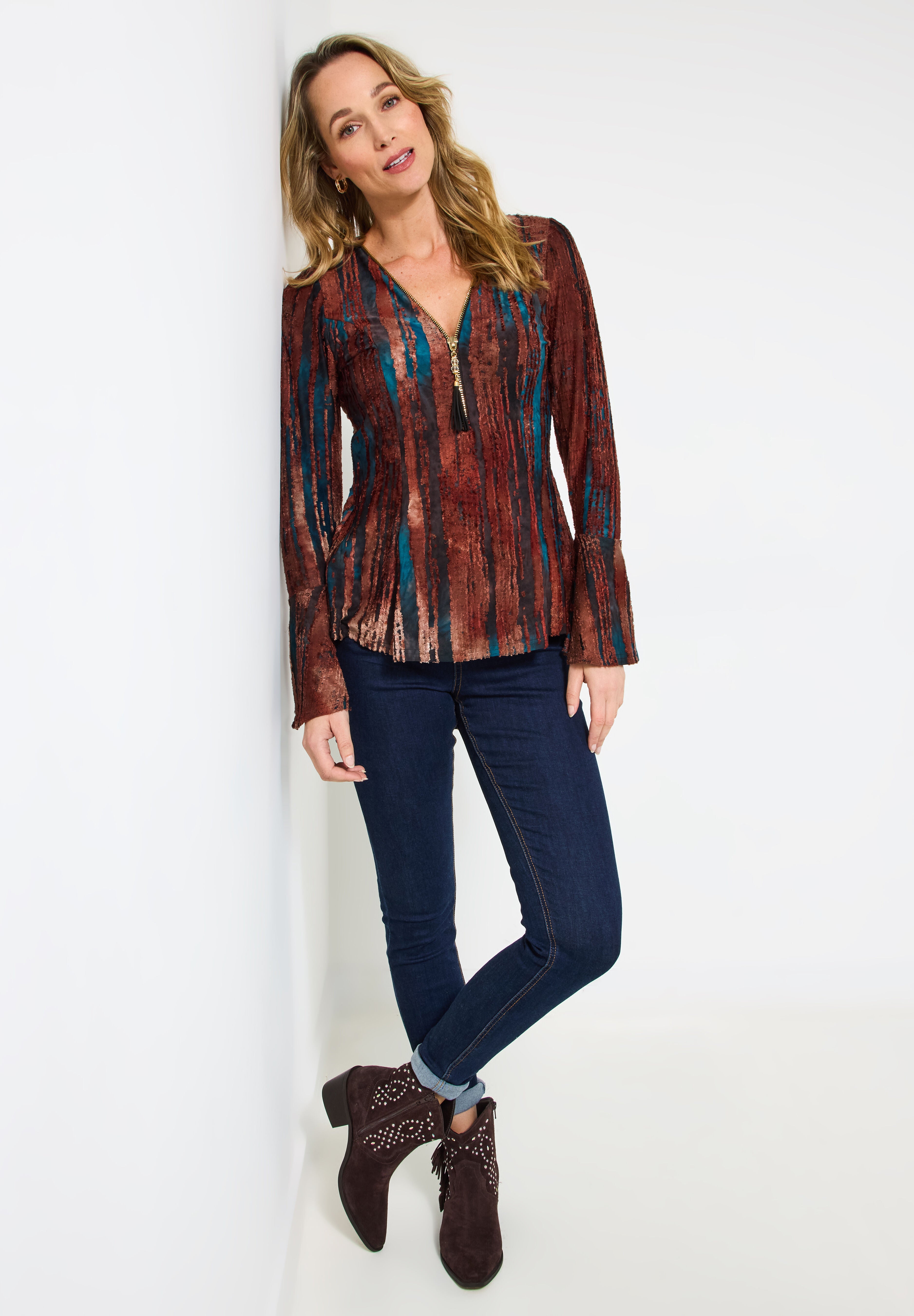 Zip Neck Bell Sleeve Top, RUST BURNOUT STRIPE, alternate image number 5