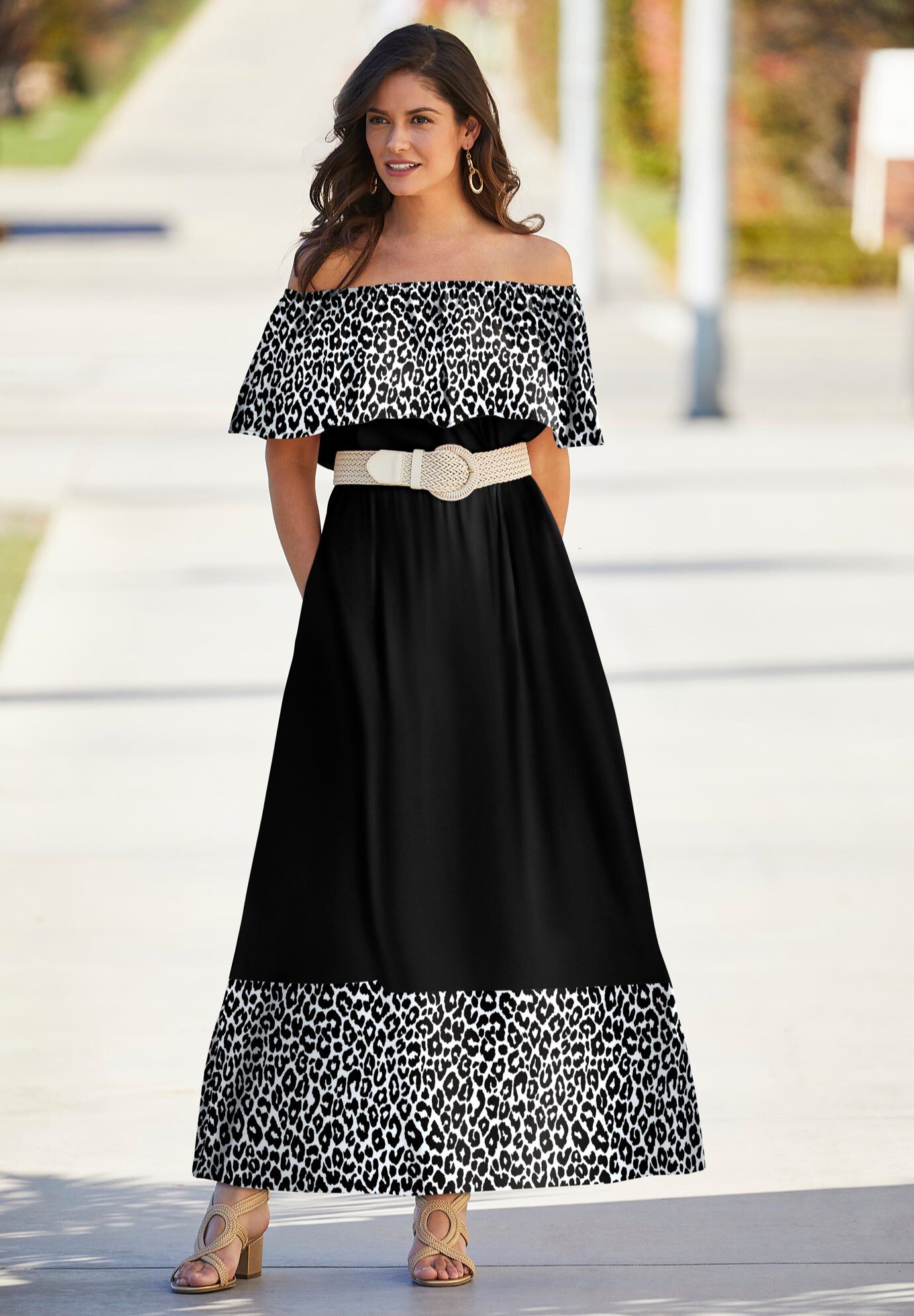 Off-The-Shoulder Maxi Dress, BLACK WHITE CHEETAH, hi-res image number 0