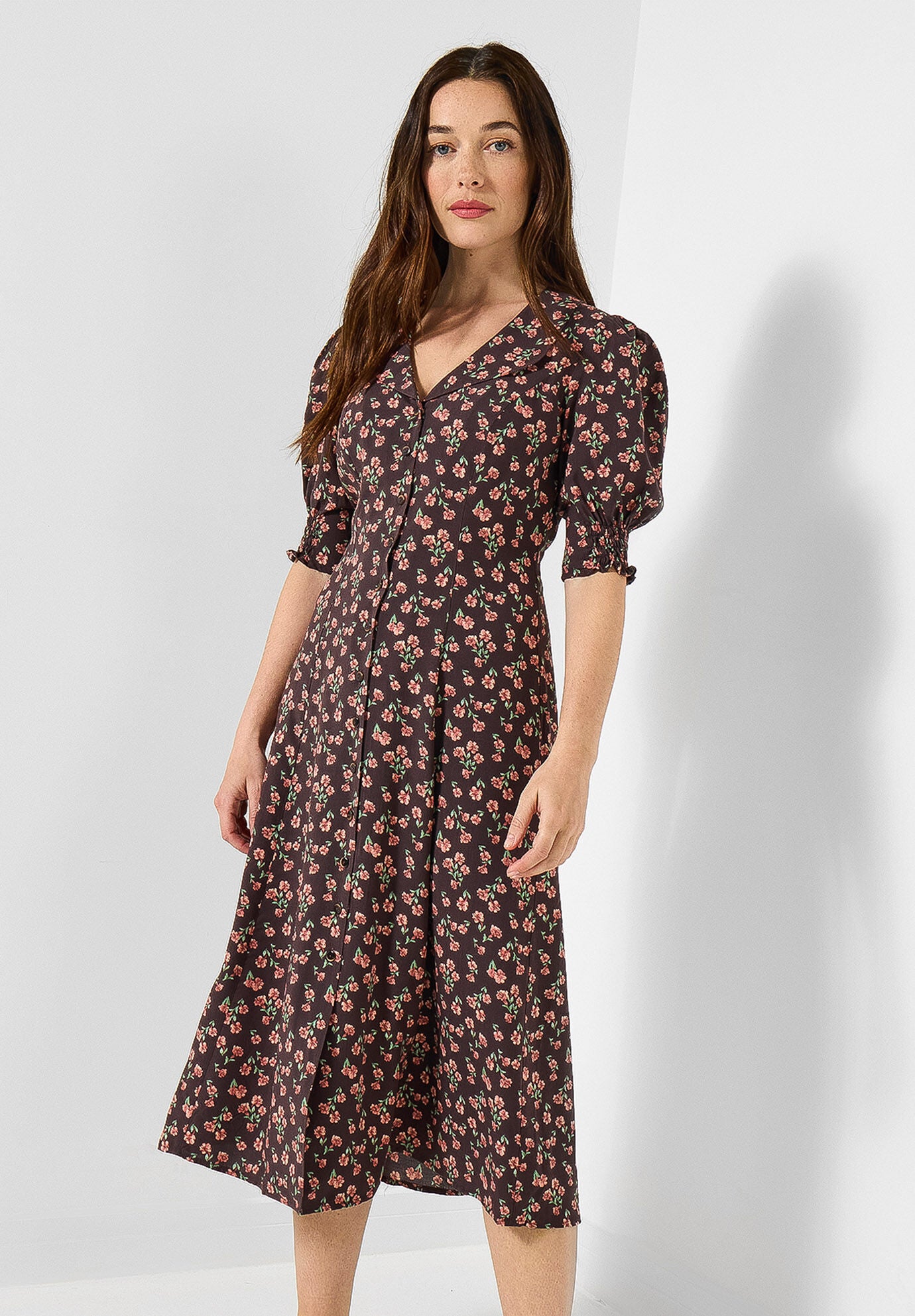 Puff Sleeve Midi Dress, ESPRESSO DITSY FLORAL, alternate image number 4