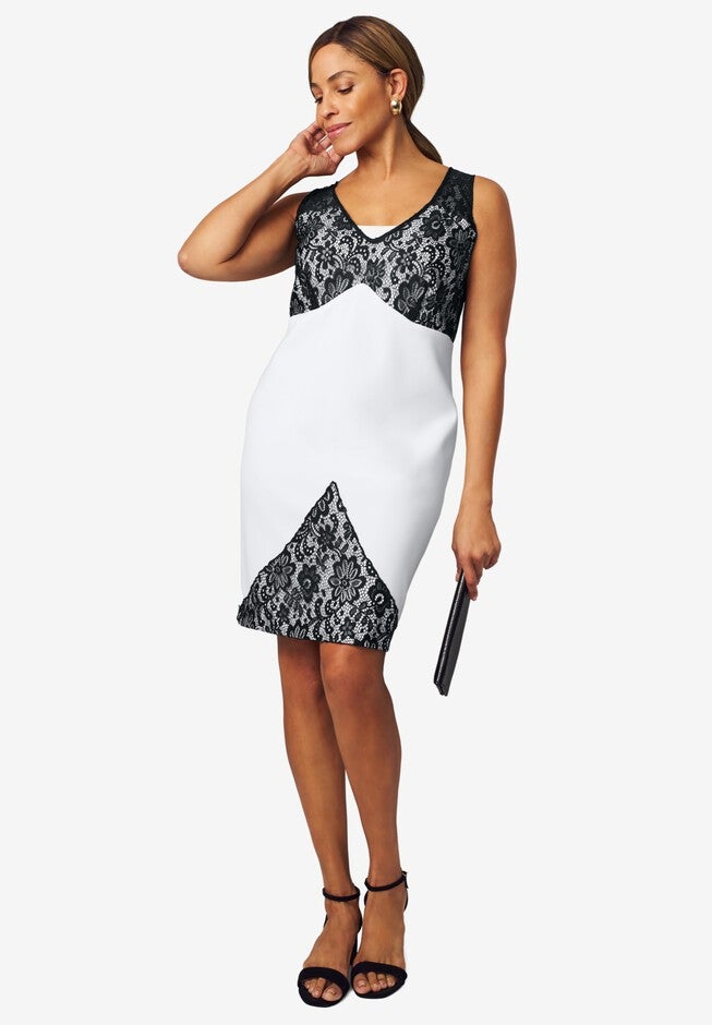Lace Scuba Sheath Dress, BLACK WHITE, hi-res image number null