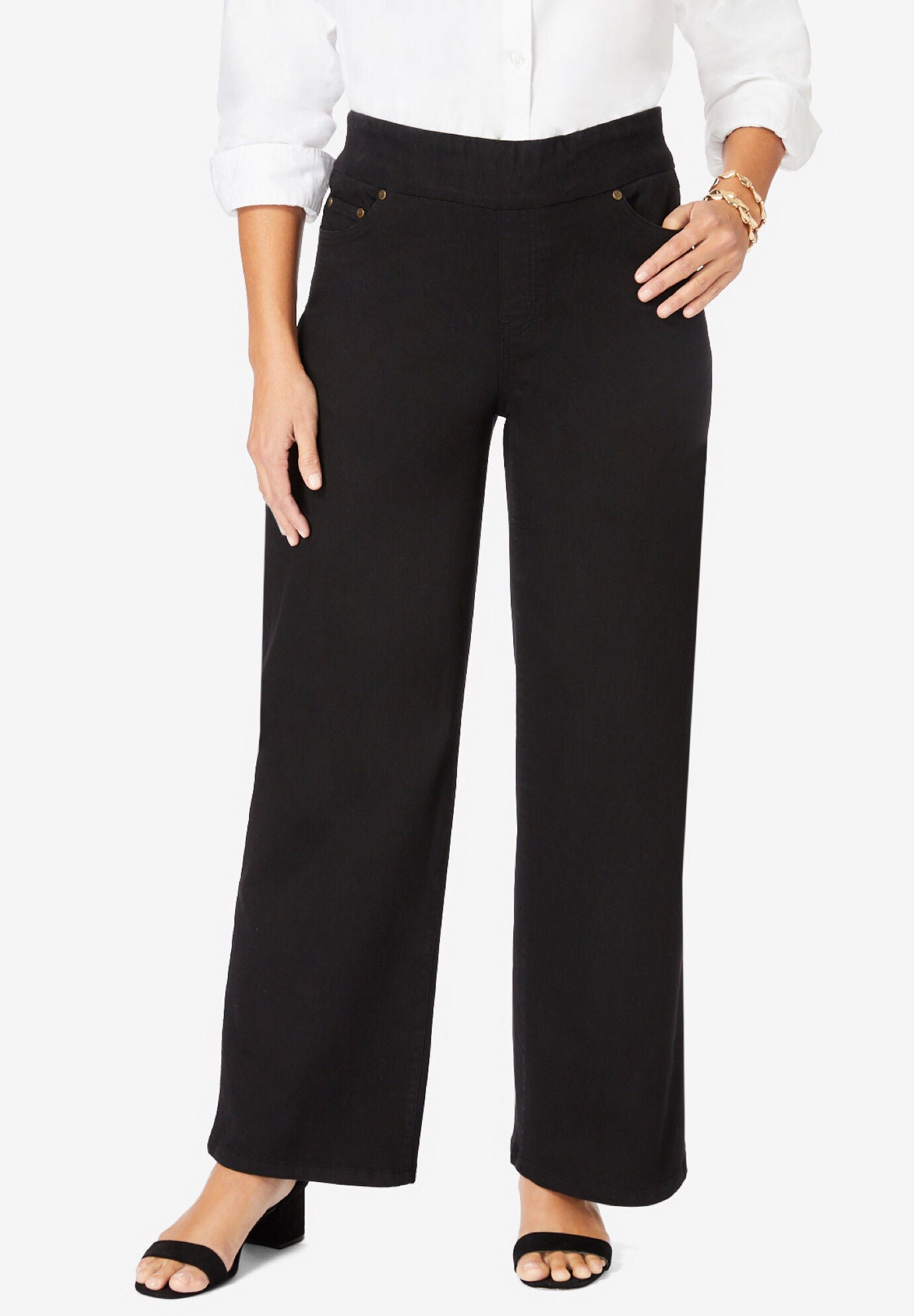 Comfort Waist Stretch Denim Wide Leg Jean, BLACK, hi-res image number 0