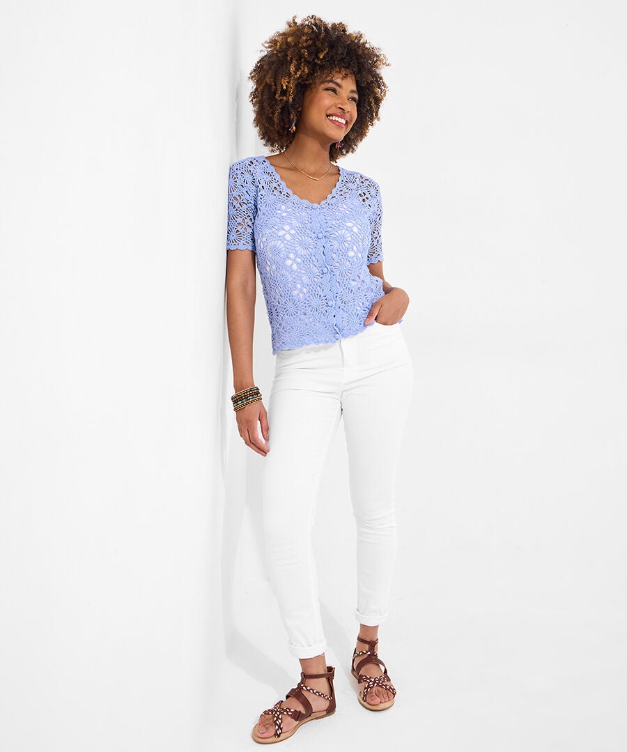 Crochet V-Neck Cardigan, FRENCH BLUE, alternate image number 4