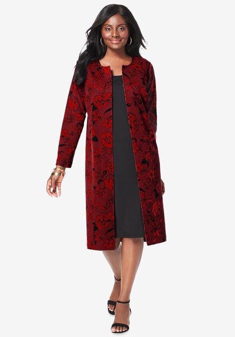 Ponte Jacket Dress, RICH BURGUNDY FLORAL BLOOM, hi-res image number null