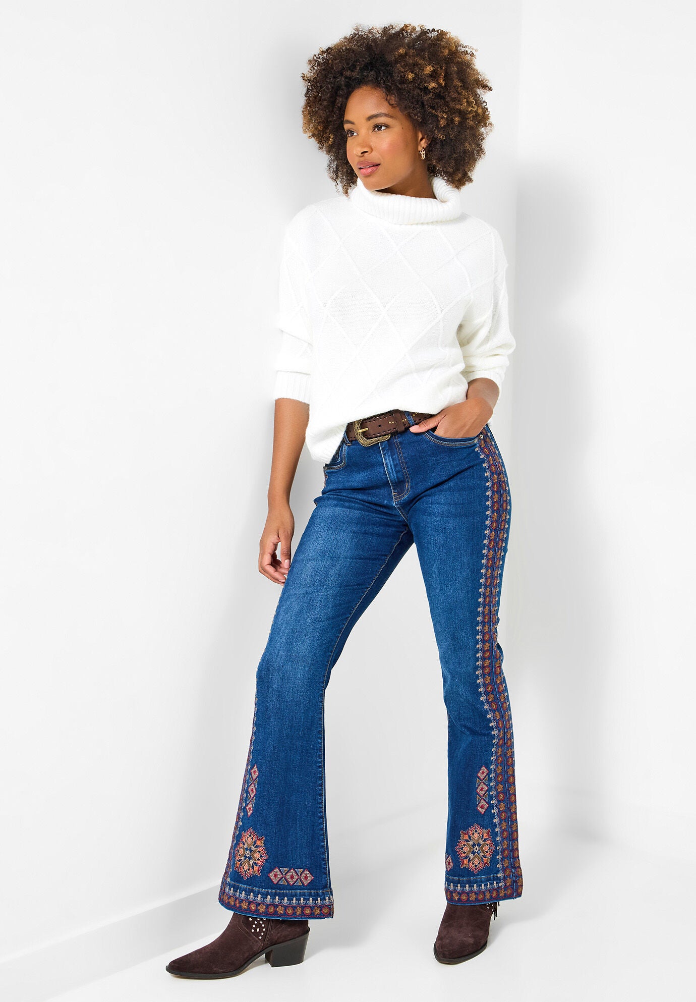 Embroidered Flare Jeans, DARK BLUE AZTEC, alternate image number 5