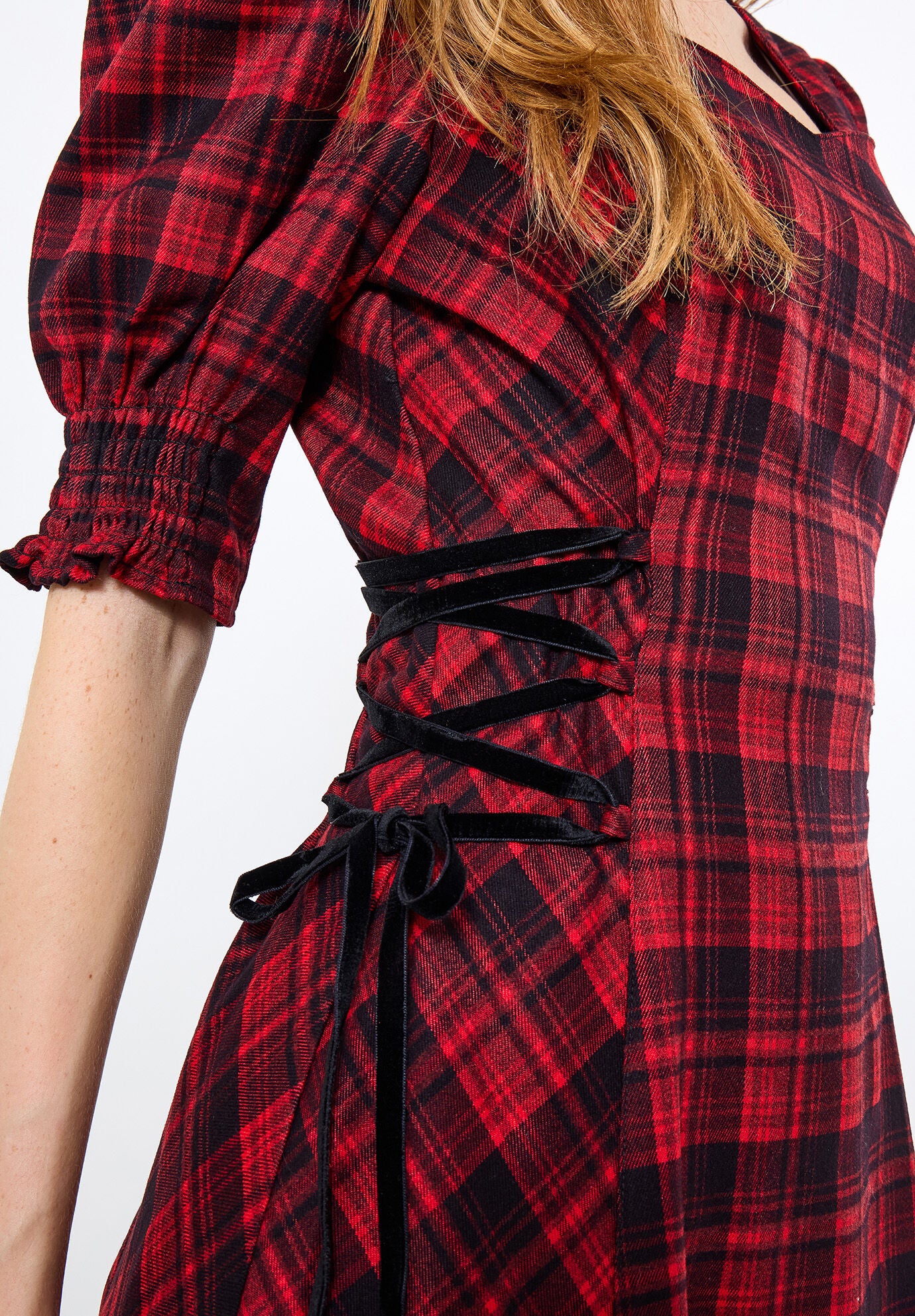 Tartan Plaid Lace-Up Midi Dress, RED TARTAN, alternate image number 2