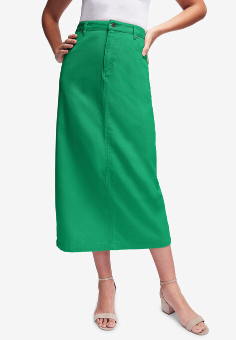 Classic Cotton Denim Midi Skirt, KELLY GREEN, hi-res image number null
