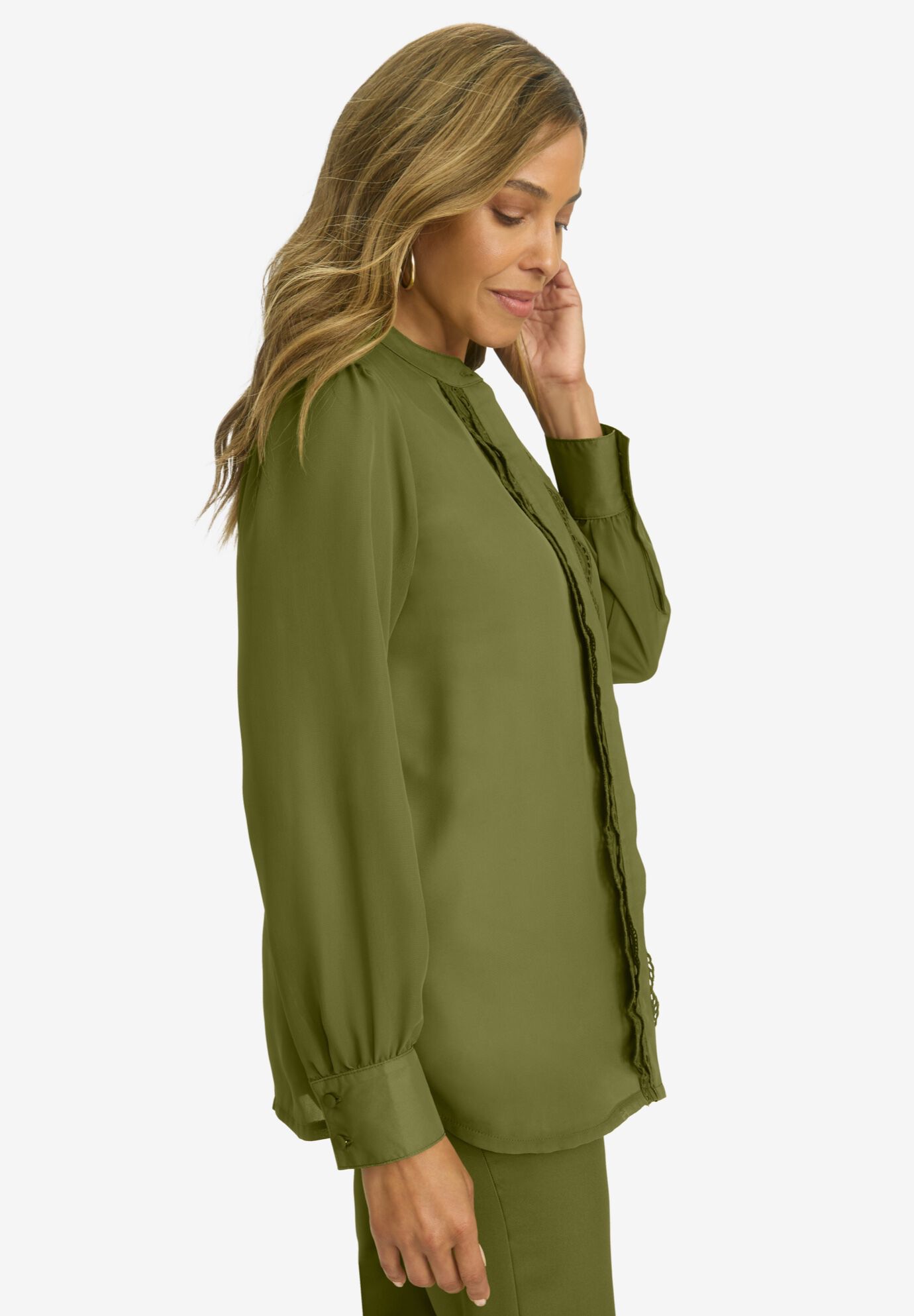 Eyelet Trim Blouse, MOSS GREEN, alternate image number 2