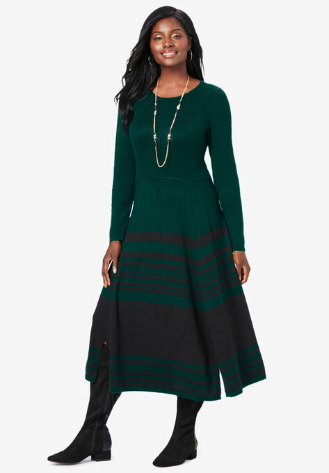 Fit and Flare Sweater Dress, EMERALD GREEN BLACK, hi-res image number null