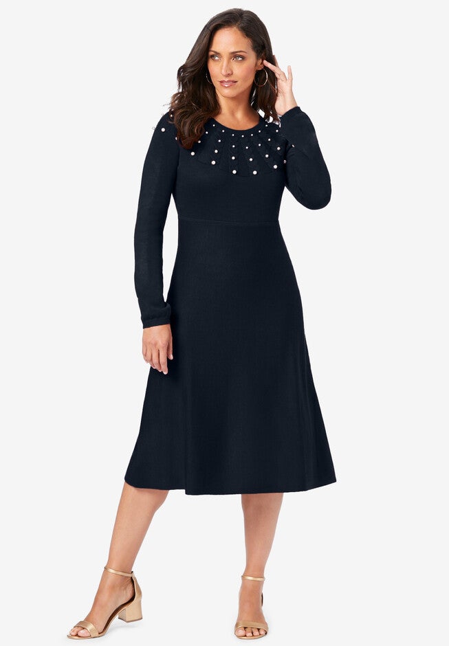 Pearl Yoke Sweater Dress, BLACK, hi-res image number null