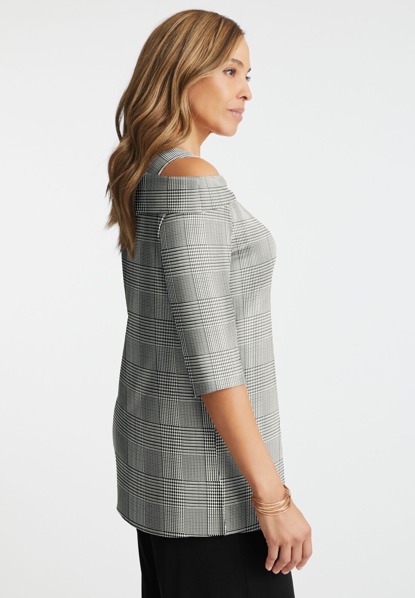Cold Shoulder Top, BLACK IVORY GLEN PLAID, alternate image number 2