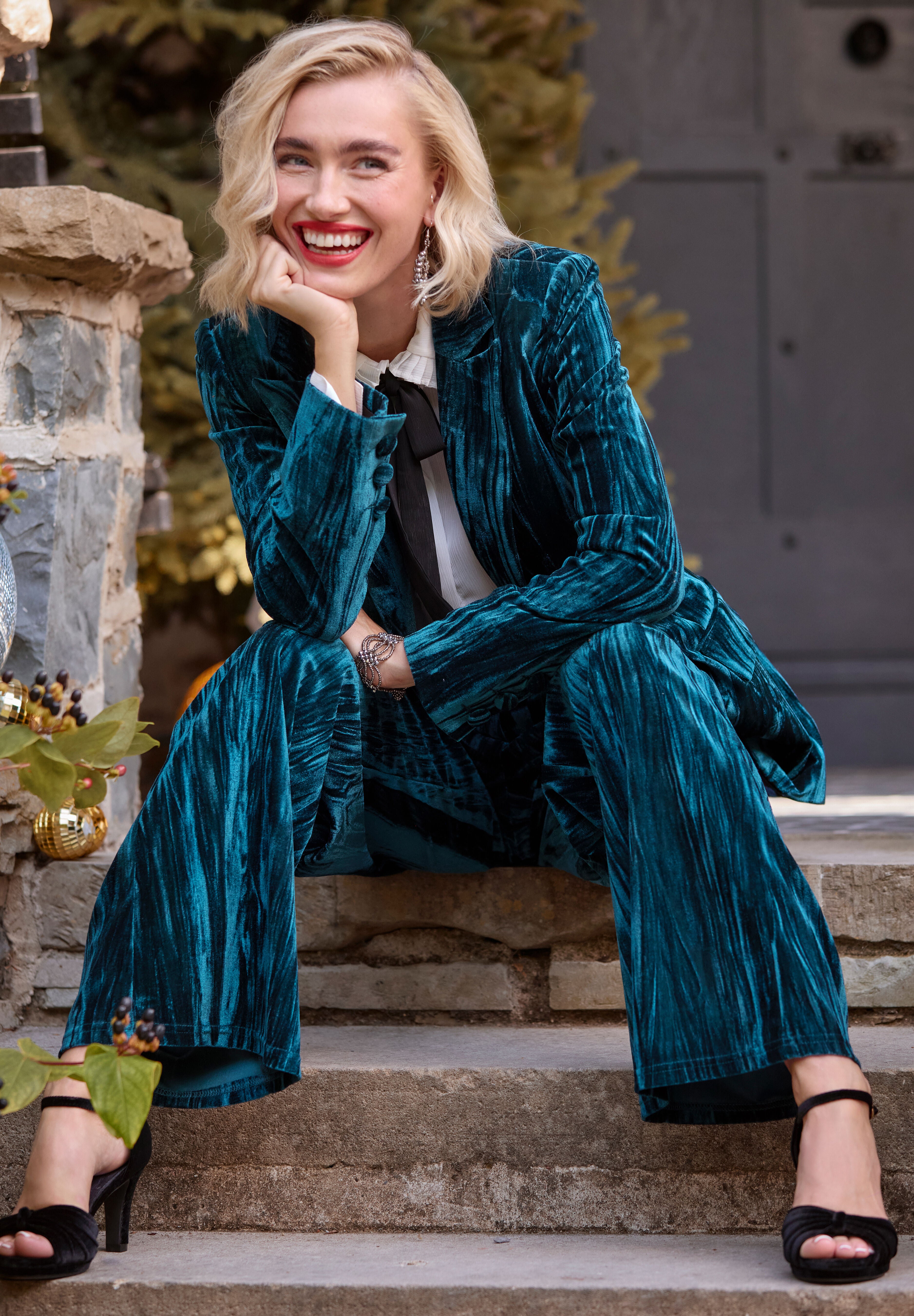 Crinkle Velvet Blazer, TEAL, alternate image number 5