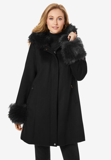 Hooded Faux Fur Trim Coat, BLACK, hi-res image number null