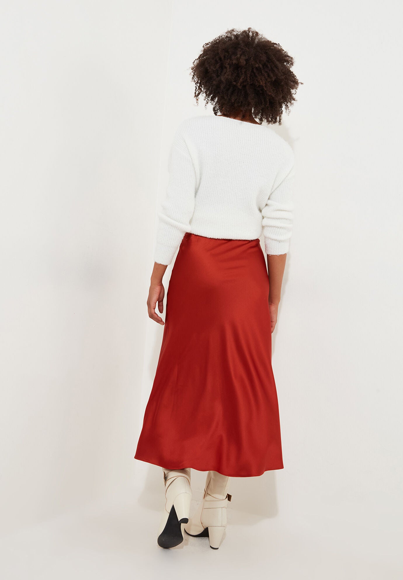 Fluted Satin Midi Skirt, COPPER RED, alternate image number 3