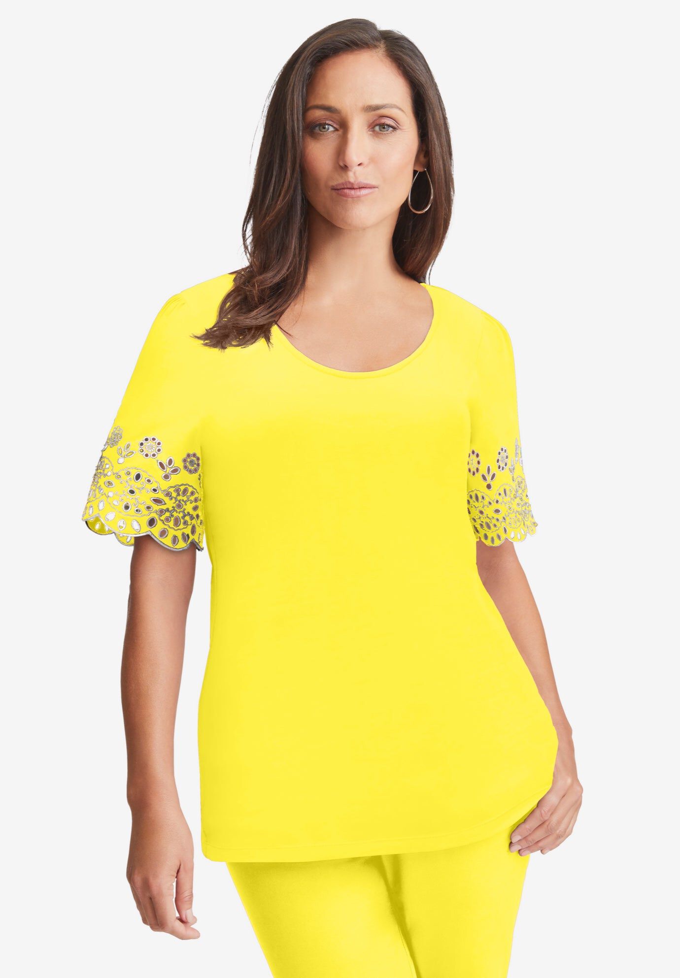 Eyelet Scoop-Neck Tee, YELLOW MEDALLION EMBROIDERY, hi-res image number 0