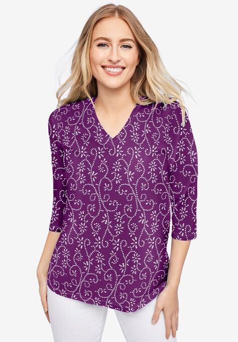 V-Neck Tee, PURPLE OPEN FLORAL, hi-res image number null