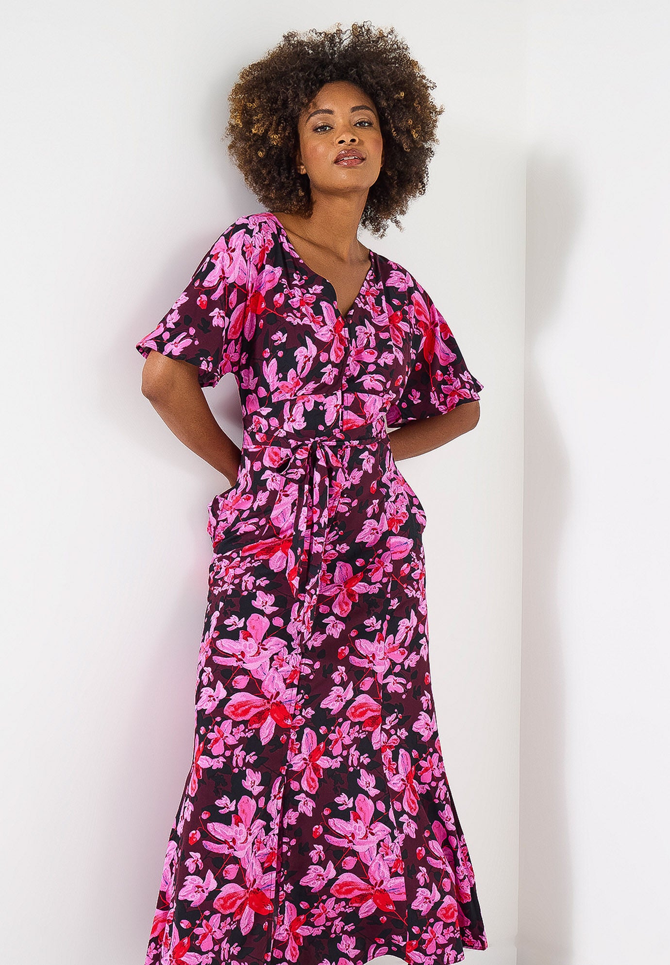 Flutter Sleeve Maxi Dress, PINK ABSTRACT FLORAL, alternate image number 5