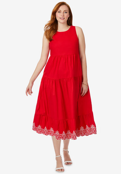 Sleeveless Eyelet Poplin Dress, VIVID RED EYELET, hi-res image number null