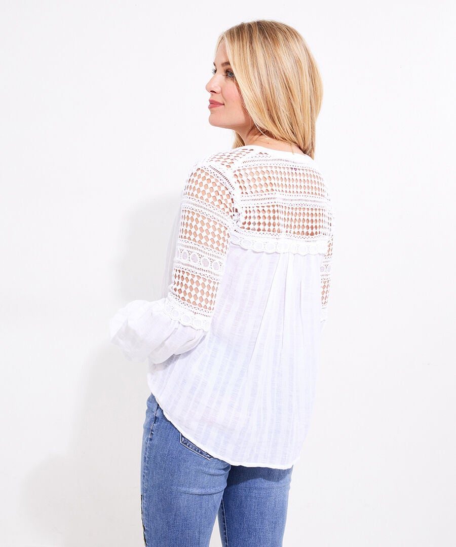 Crochet Trim Button-Front Tunic Blouse, WHITE, alternate image number 3