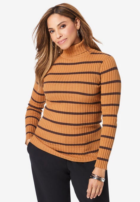 Ribbed Cotton Turtleneck, BROWN RIB STRIPE, hi-res image number null