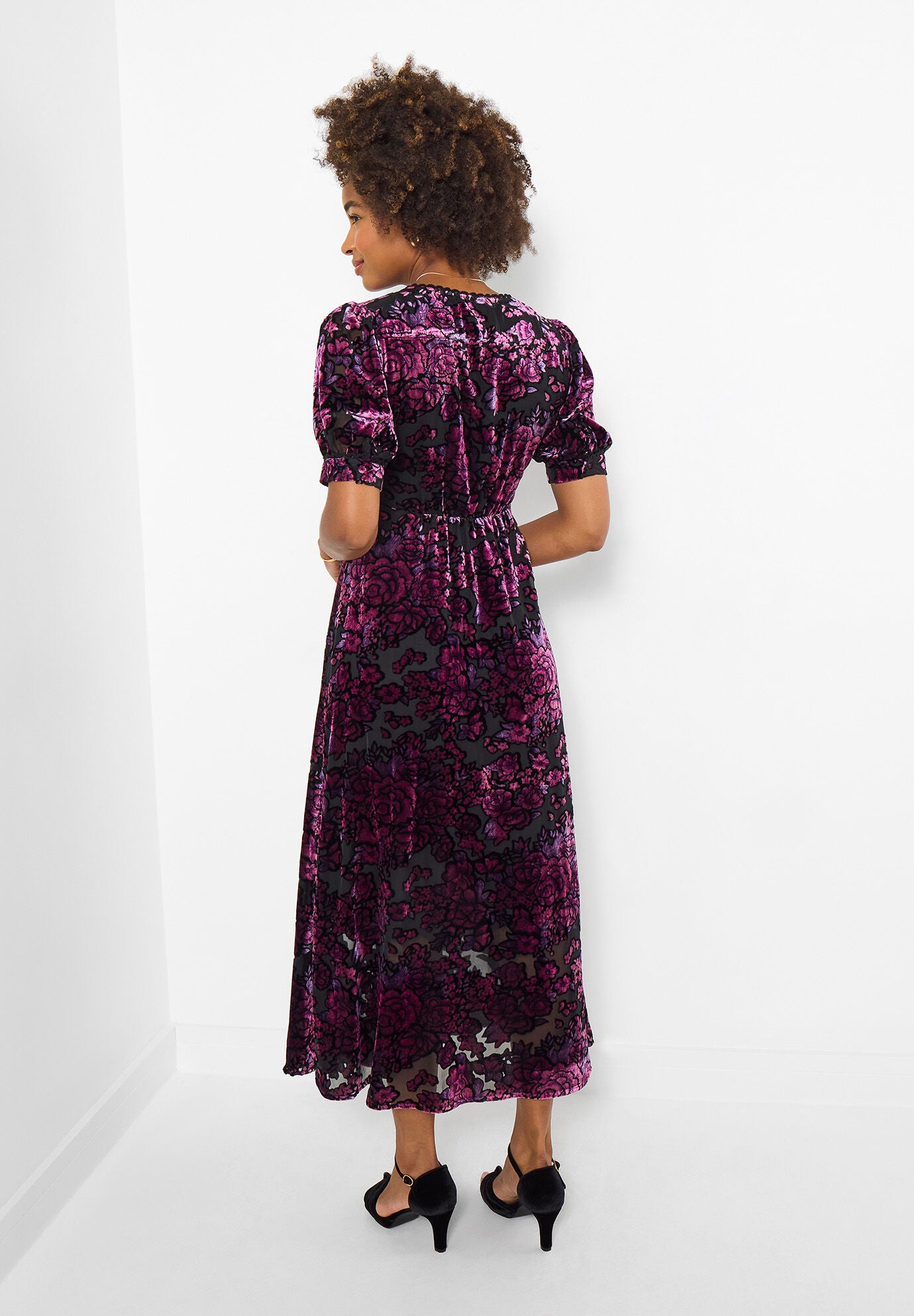 Burnout Velvet V-Neck Midi Dress, PURPLE BURNOUT BLOOM, alternate image number 3