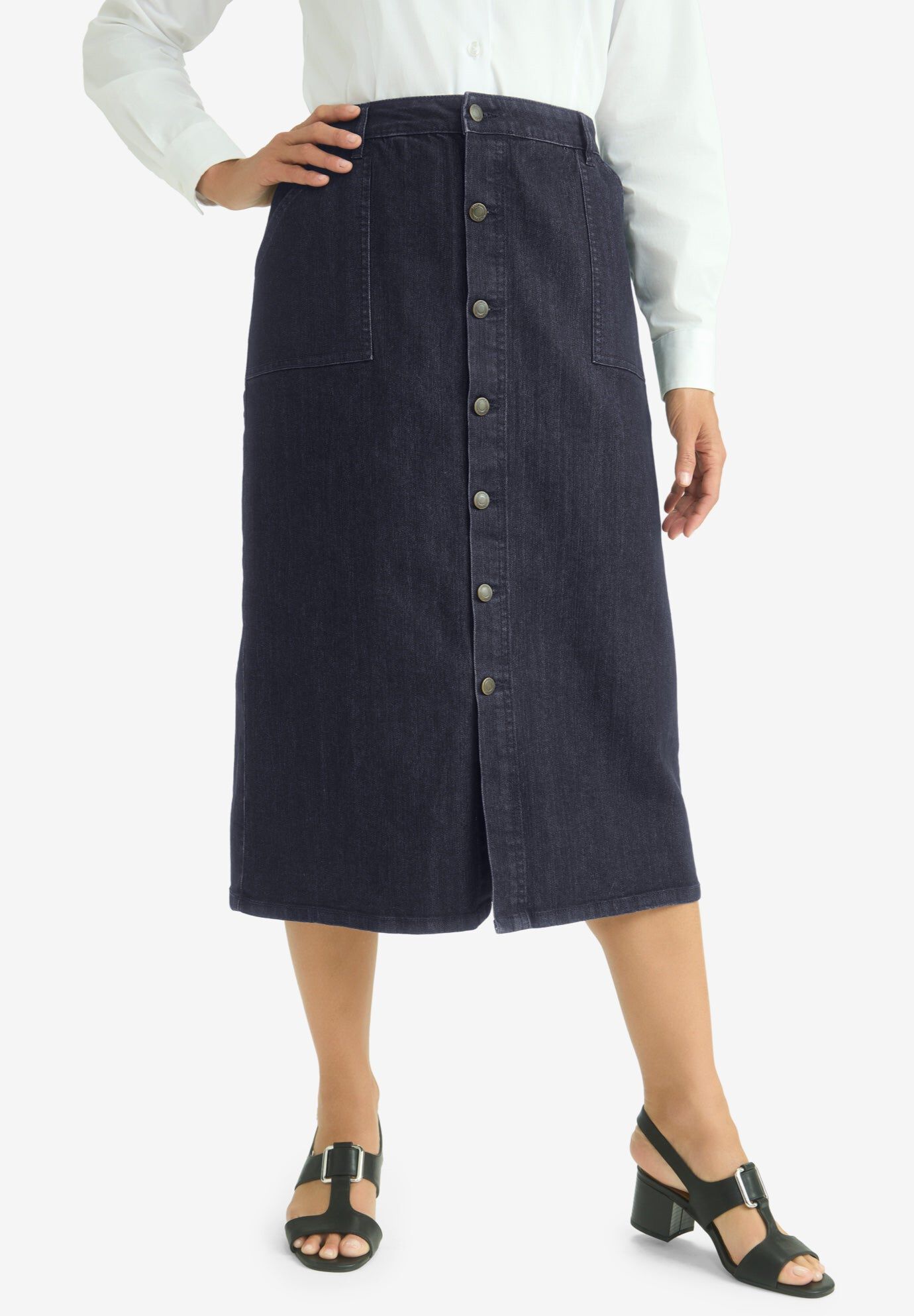 True Fit Button-Front Midi Skirt, INDIGO, hi-res image number 0
