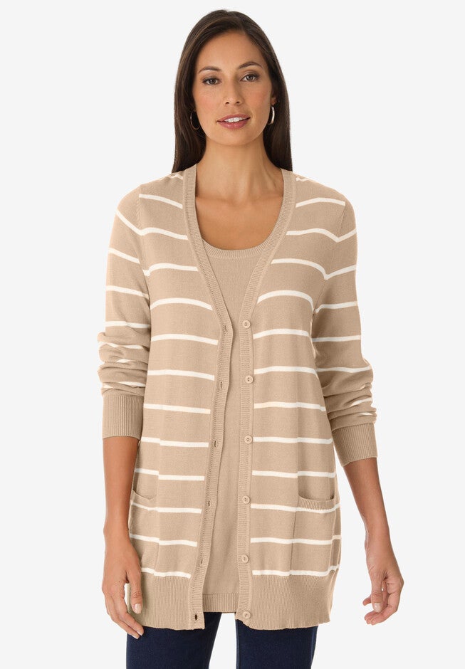 Long Cardigan, NEW KHAKI JACQUARD STRIPE, hi-res image number 0