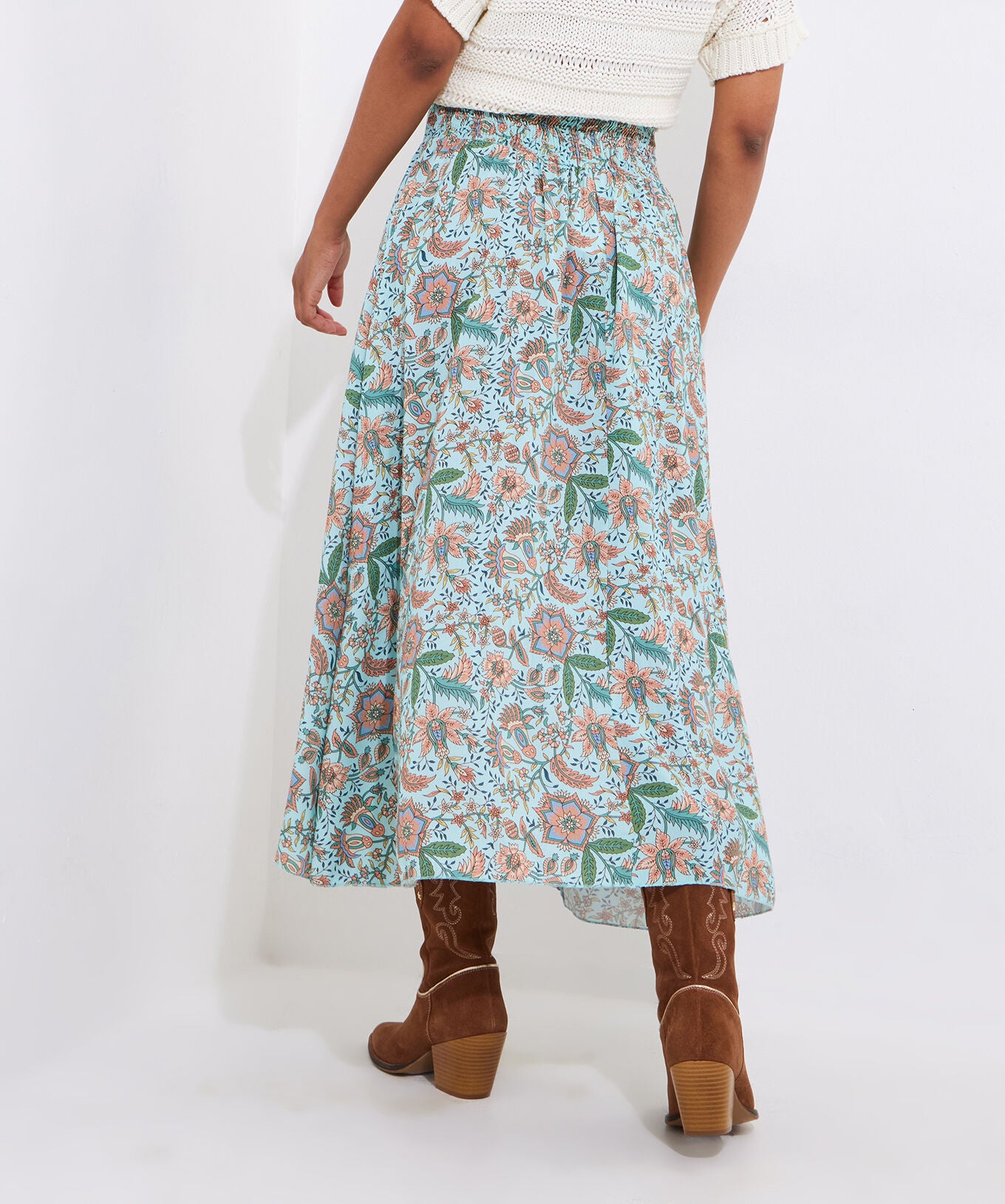 Slit Smocked Maxi Skirt, AQUA DITSY FLORAL, alternate image number 2
