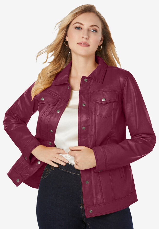 Denim Style Leather Jacket, RICH BURGUNDY, hi-res image number 0