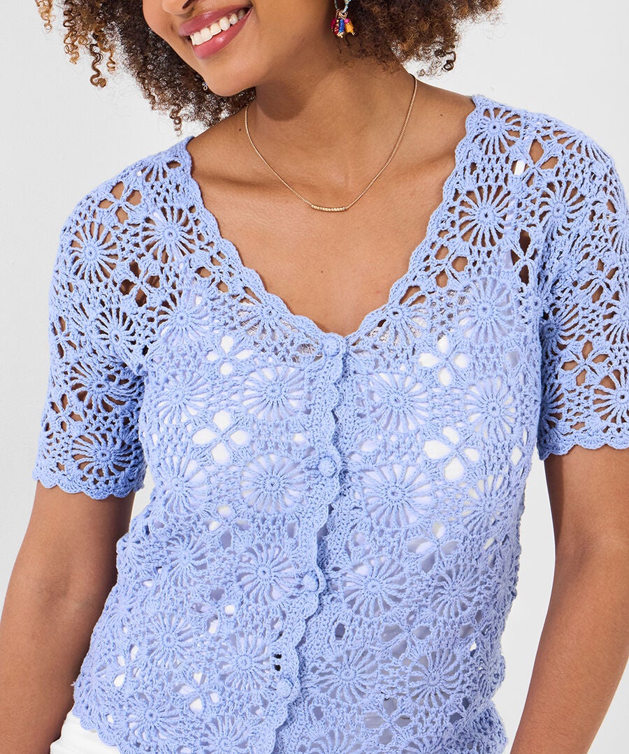 Crochet V-Neck Cardigan, FRENCH BLUE, alternate image number 2