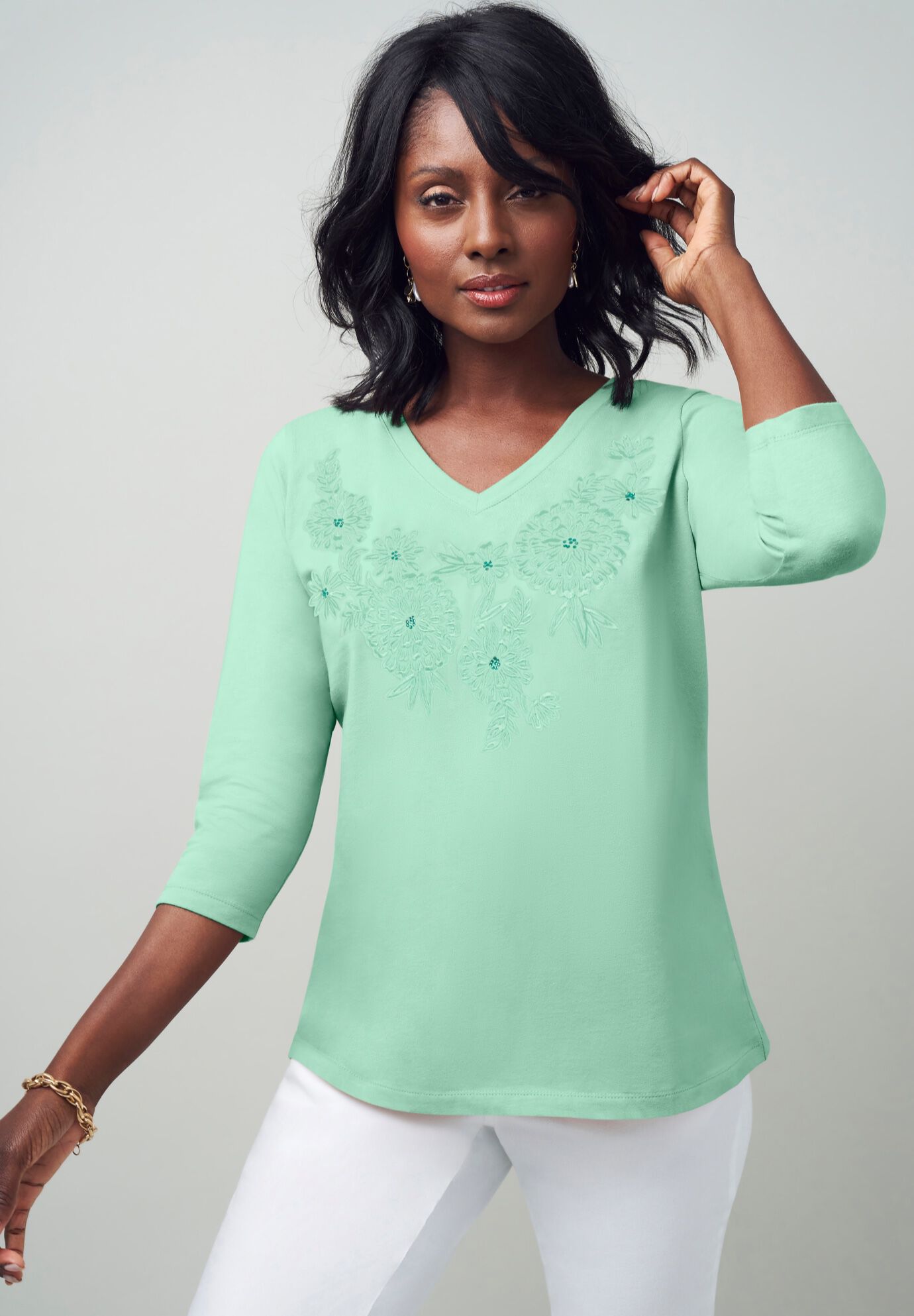 Stretch Cotton Embroidered Tee, PALE SEAFOAM FLORAL EMBROIDERY, hi-res image number 0