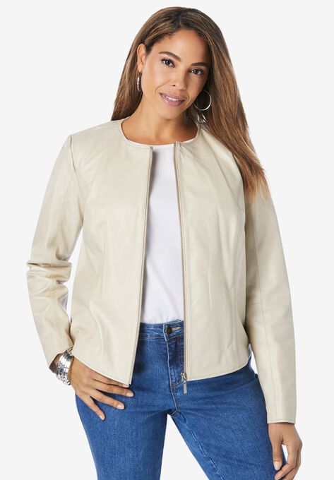 Collarless Leather Jacket, OATMEAL, hi-res image number null