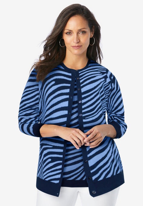 Fine Gauge Cardigan, FRENCH BLUE ZEBRA, hi-res image number null