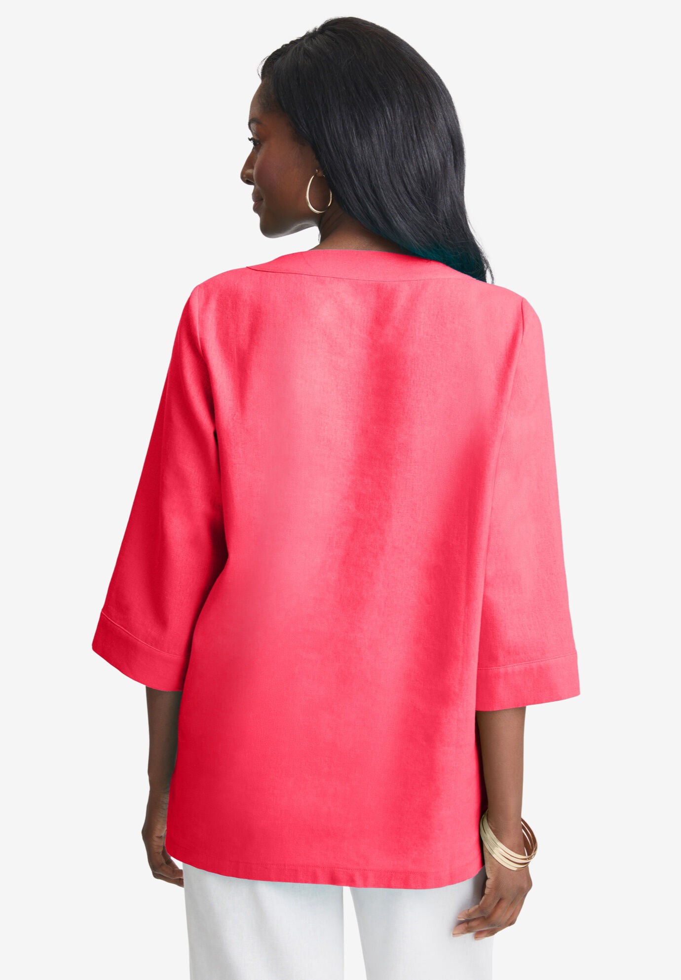 Linen V-Neck Embroidered Tunic, , alternate image number 3