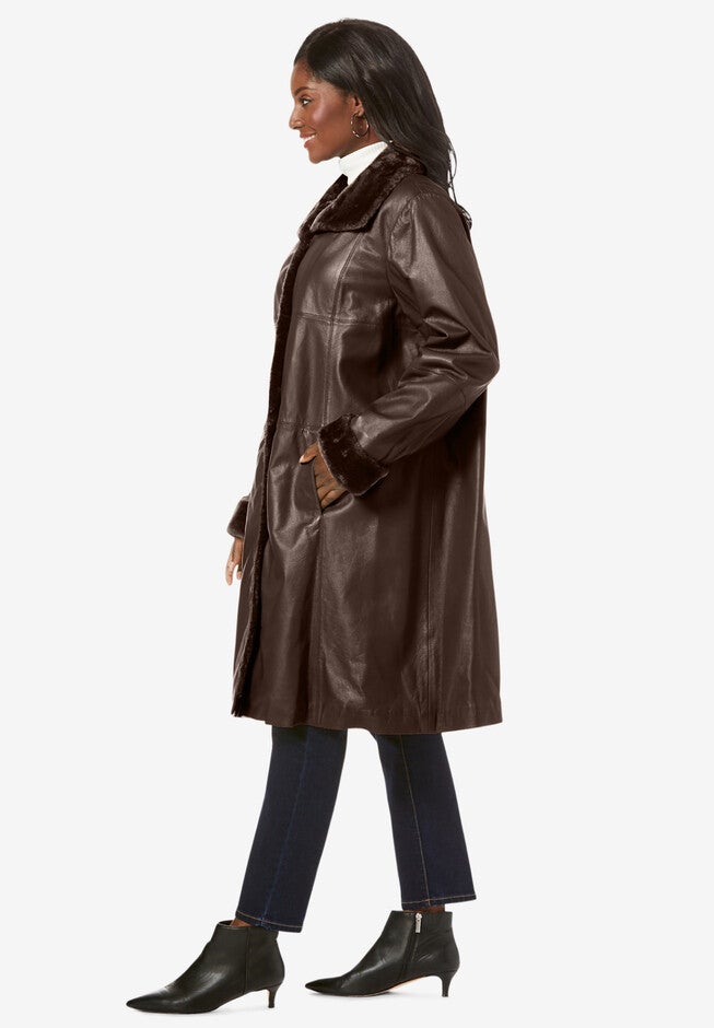 Fur-Trim Leather Swing Coat, , alternate image number 2