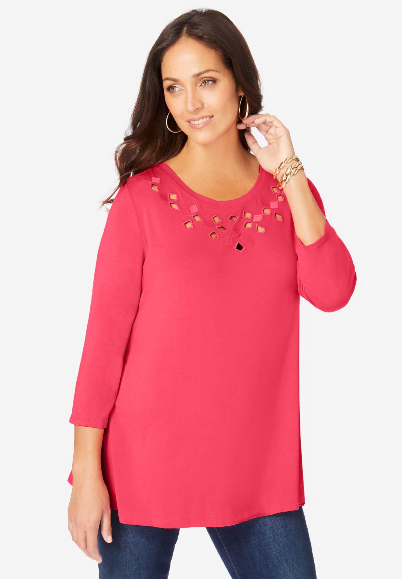 Stretch Knit Eyelet Swing Tunic, VIBRANT WATERMELON DIAMOND EYELET, hi-res image number 0