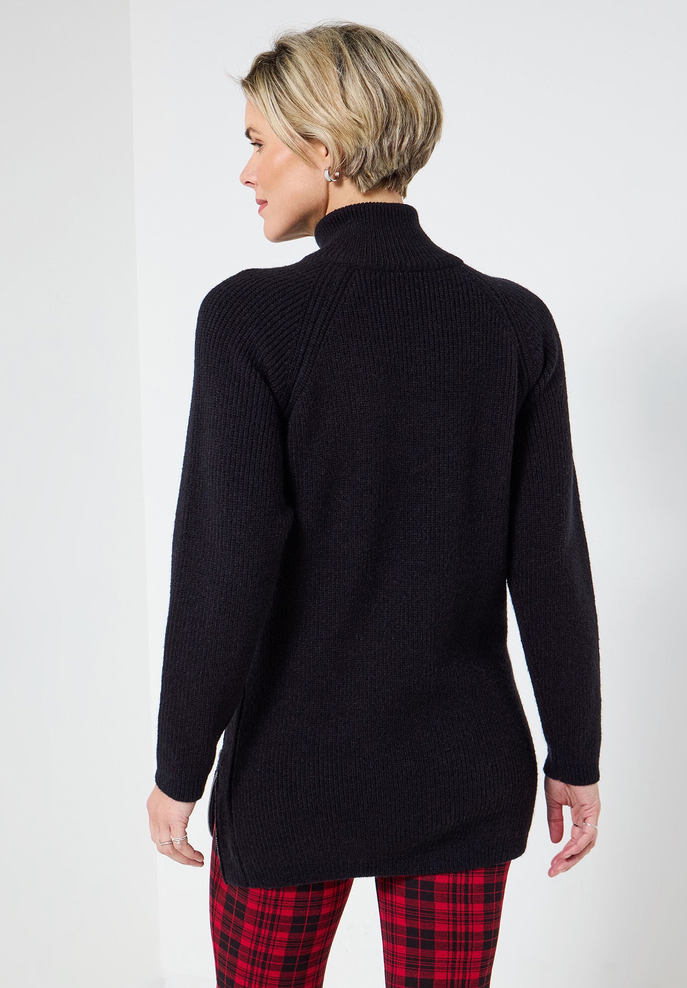 Mockneck Zip Tunic Sweater, BLACK, alternate image number 3