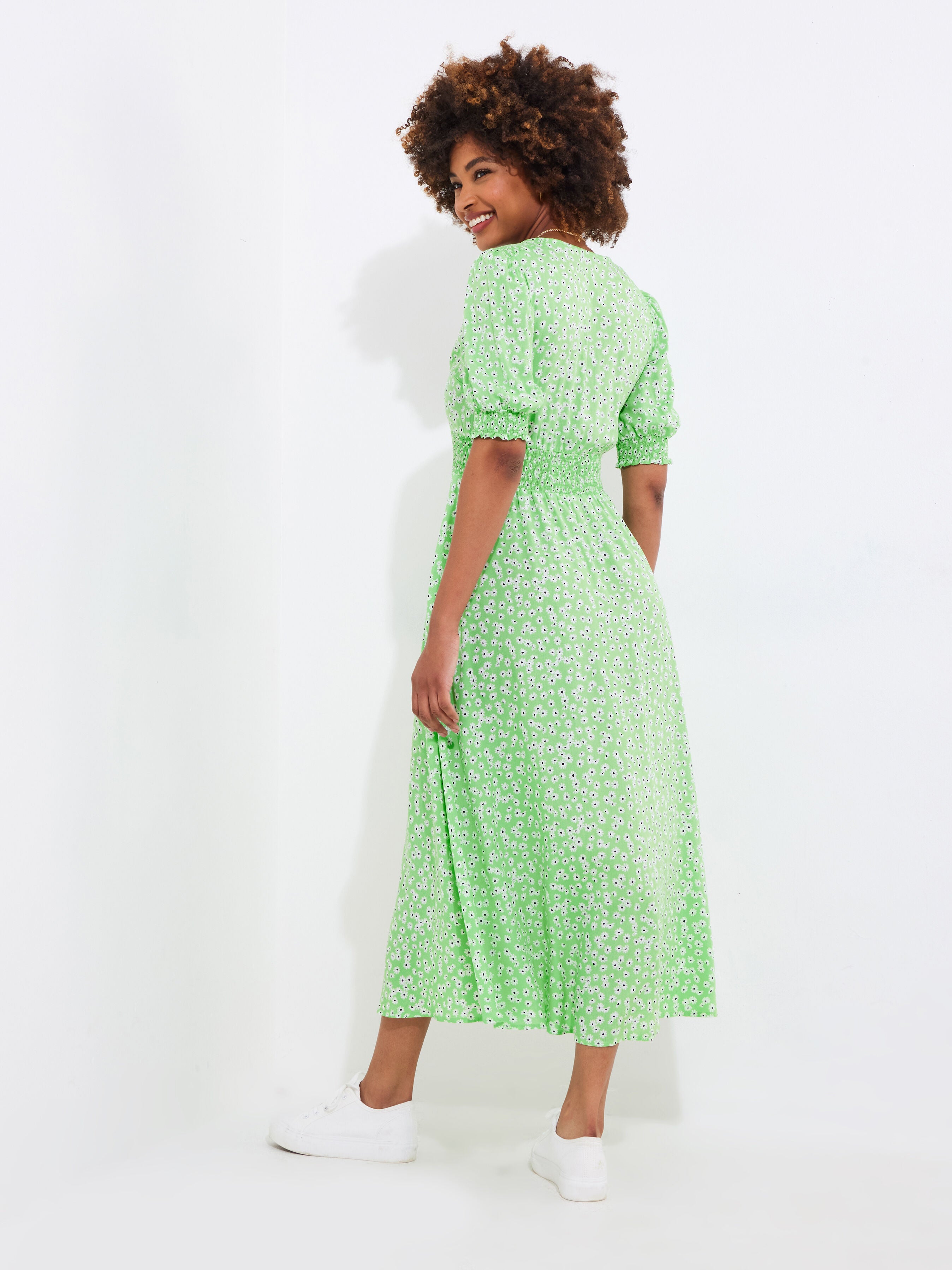 Puff Sleeve Midi Dress, GREEN DITSY DAISY, alternate image number 2