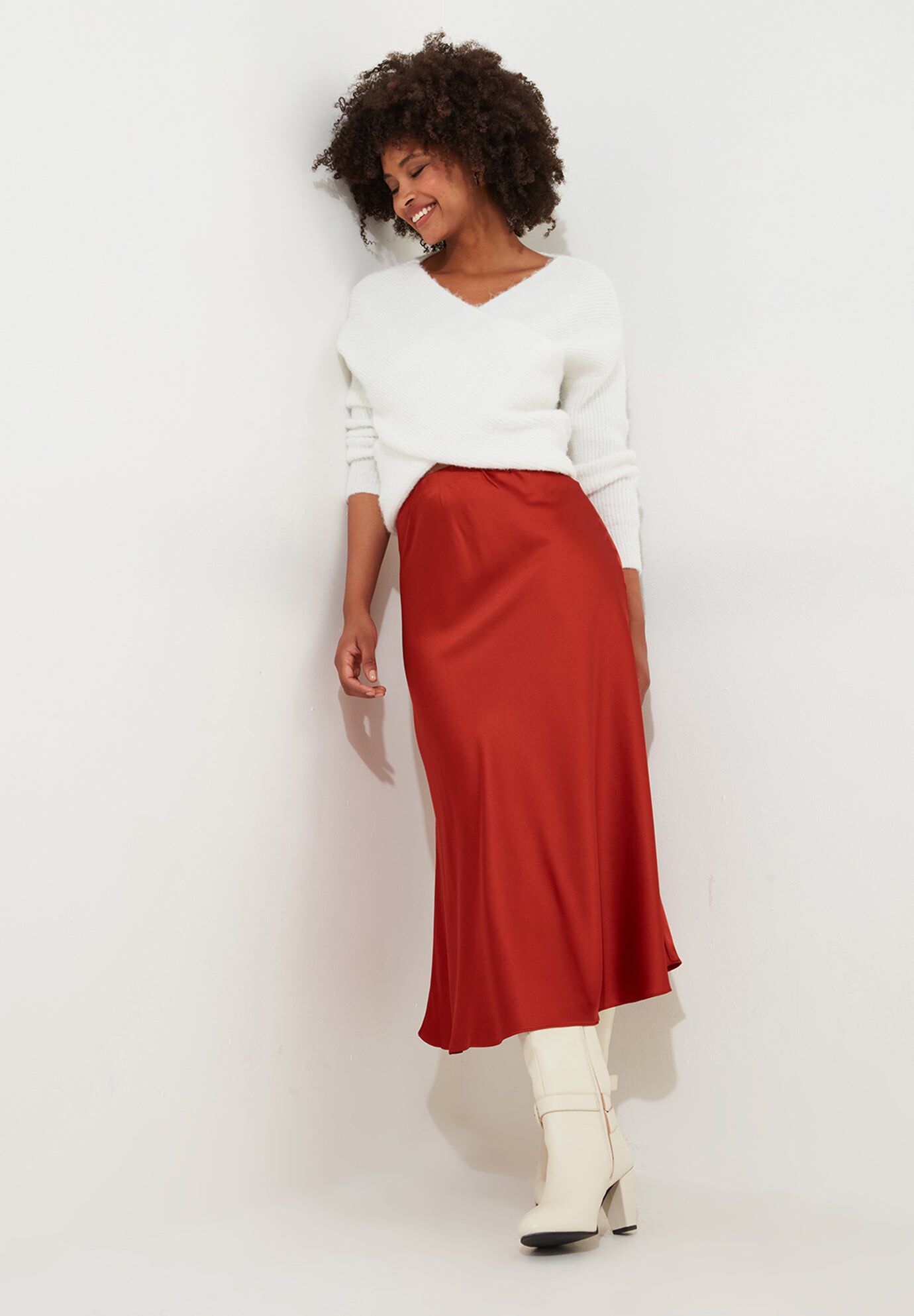 Fluted Satin Midi Skirt, COPPER RED, hi-res image number 0