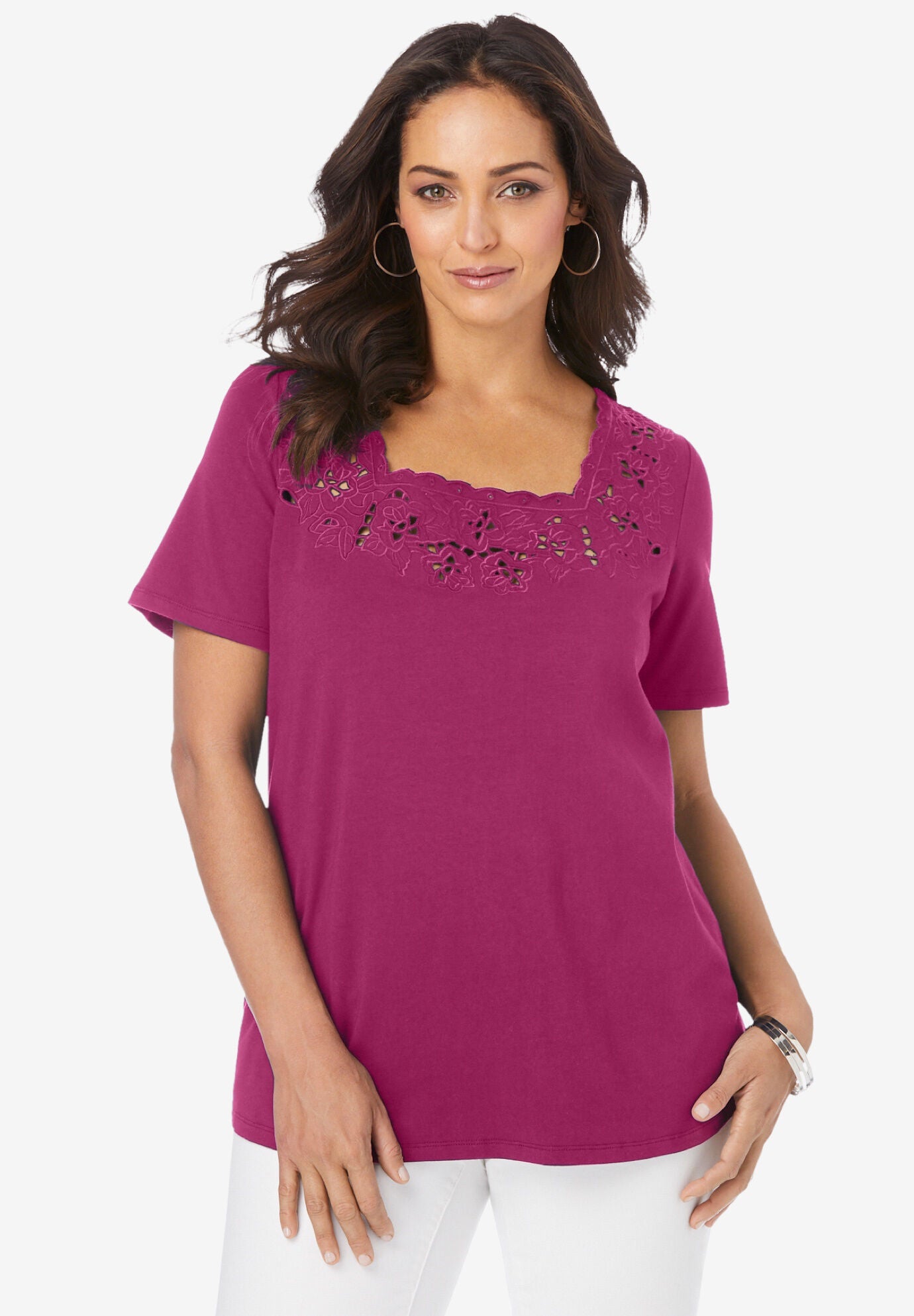 Stretch Cotton Eyelet Cutout Tee, RASPBERRY, hi-res image number 0