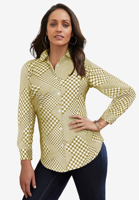 Stretch Cotton Poplin Shirt, MOSS GREEN PLAID PATCHWORK, hi-res image number null