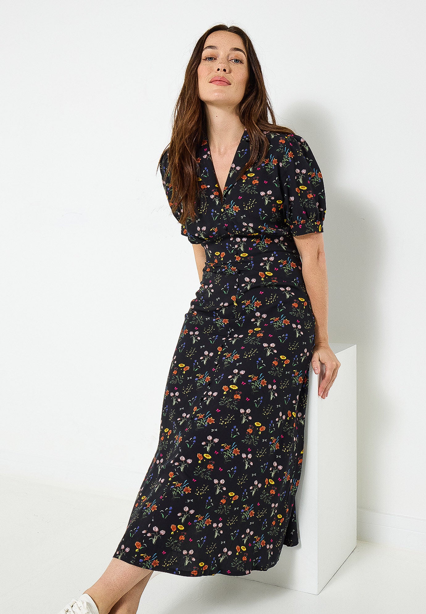Vintage Midi Dress, BLACK MINI GARDEN, hi-res image number 0