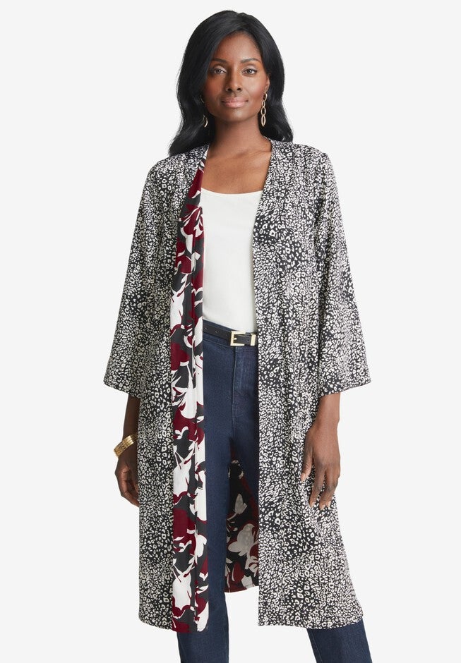 Reversible Kimono Jacket, BURGUNDY FLORAL CHEETAH, hi-res image number null