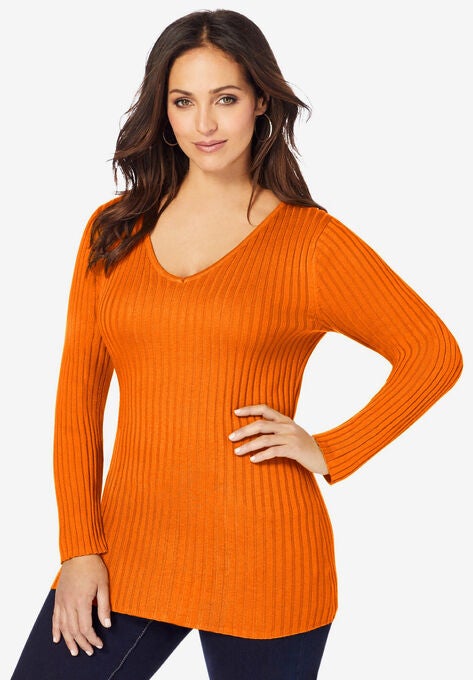 V-Neck Ribbed Sweater, ULTRA ORANGE, hi-res image number null