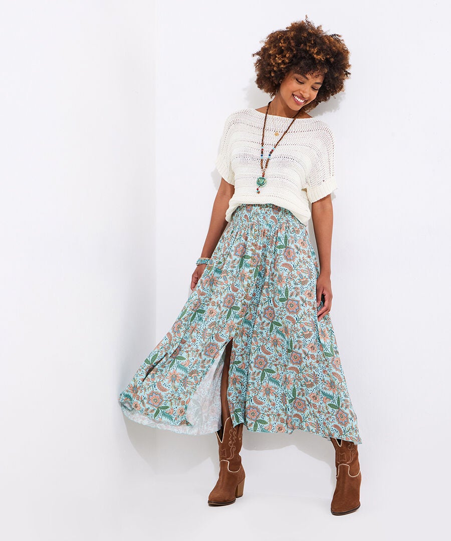 Slit Smocked Maxi Skirt, AQUA DITSY FLORAL, on-hover image number 1