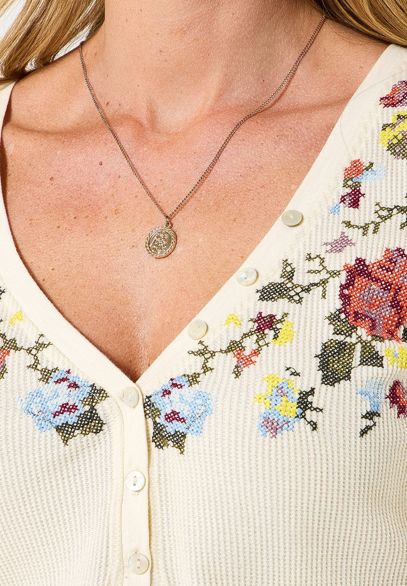 Stretch Cotton Henley Tee, CREAM FLORAL EMBROIDERY, alternate image number 2
