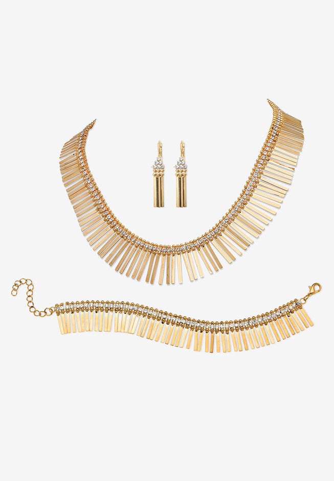 Gold Tone Fringe Necklace, Bracelet and Earring Set, Crystal, 17 inches, GOLD, hi-res image number 0
