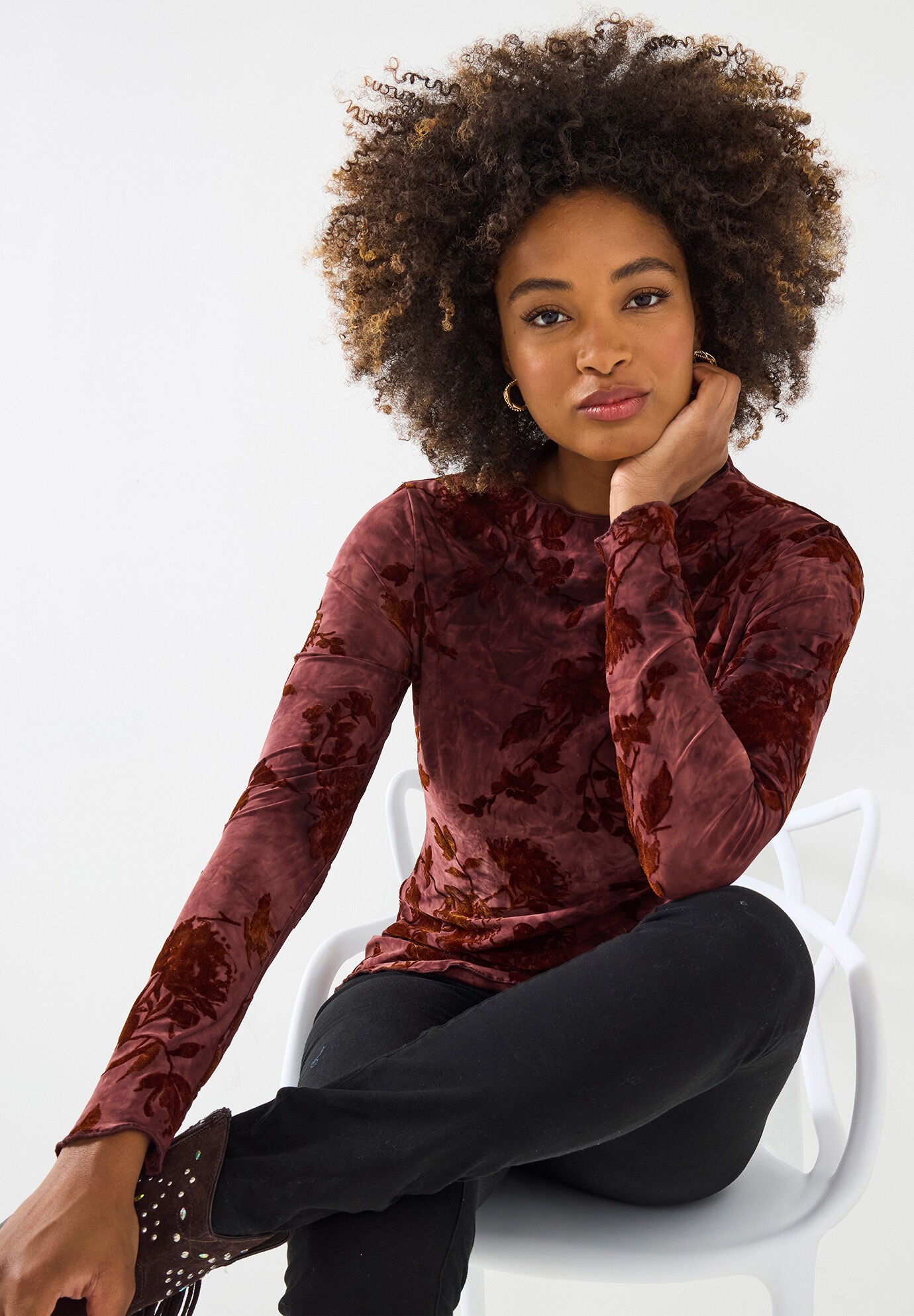 Burnout Mock Neck Tee, MAHOGANY VINES, hi-res image number 0