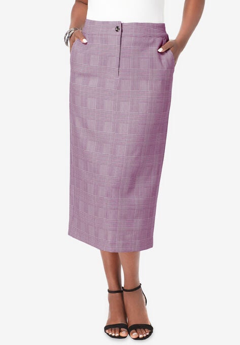 Tummy Control Bi-Stretch Midi Skirt, BERRY IVORY GLEN PLAID, hi-res image number null