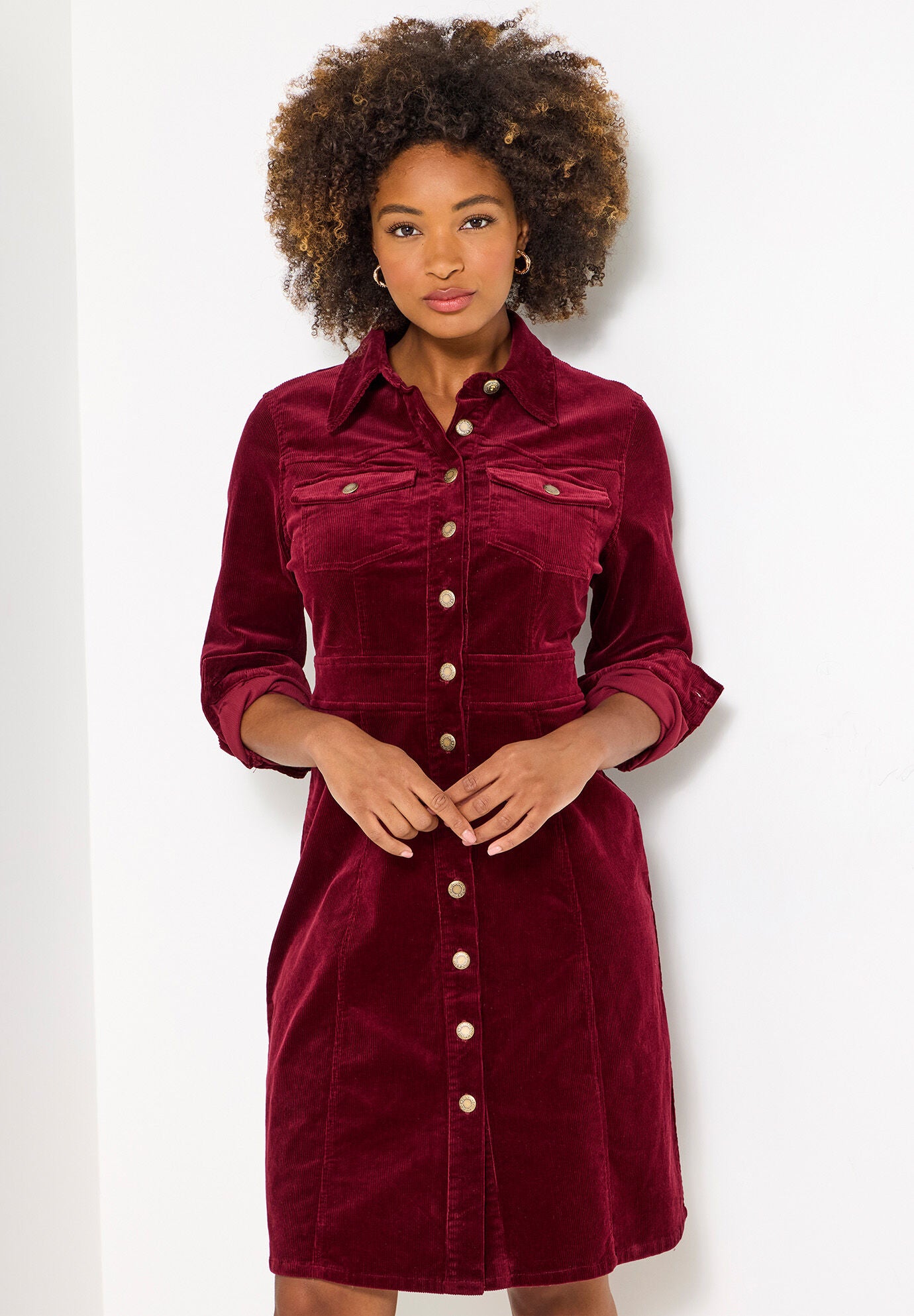 Corduroy Shirt Dress, BURGUNDY, hi-res image number 0