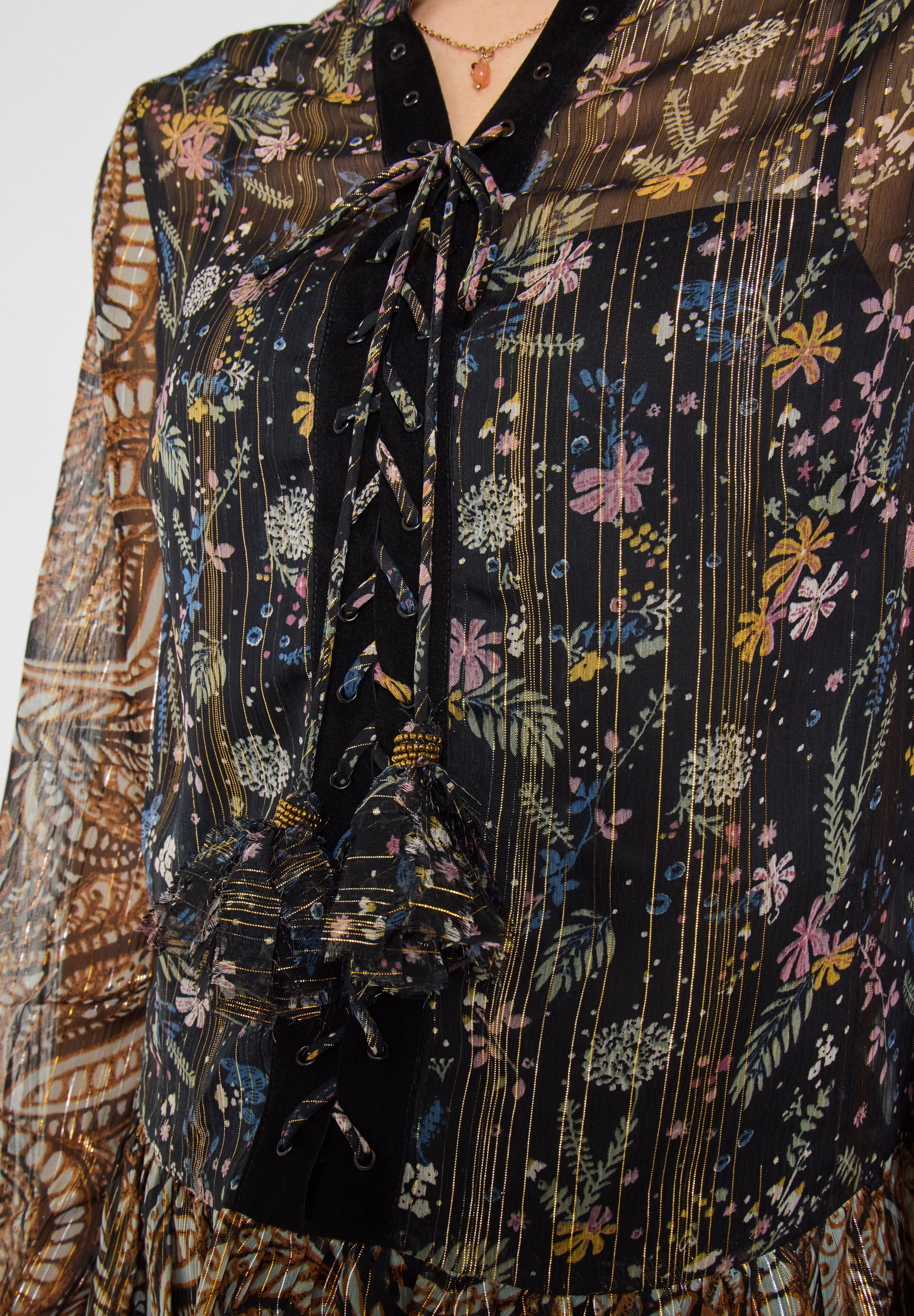 Sheer Metallic Lace-Up Blouse, METALLIC PAISLEY, alternate image number 2